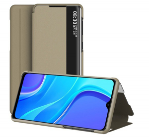 Tok álló, bőr hatású (FLIP, oldalra nyíló, asztali tartó funkció, hívószámkijelzés, View Window) BARNA [Xiaomi Redmi 9]