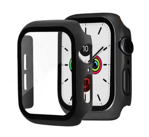 Műanyag keret (BUMPER, &uuml;t&eacute;s&aacute;ll&oacute; + kijelzőv&eacute;dő &uuml;veg) FEKETE [Apple Watch Series 7 45mm]