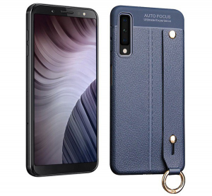 Szilikon telefonvédő (közepesen ütésálló, asztali tartó funkció, bőr hatású, varrás minta + kézpánt) SÖTÉTKÉK [Samsung Galaxy A7 (2018) SM-A750F]