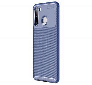 Szilikon telefonvédő (közepesen ütésálló, légpárnás sarok, karbon minta) SÖTÉTKÉK [Samsung Galaxy A21 (SM-A210F)]