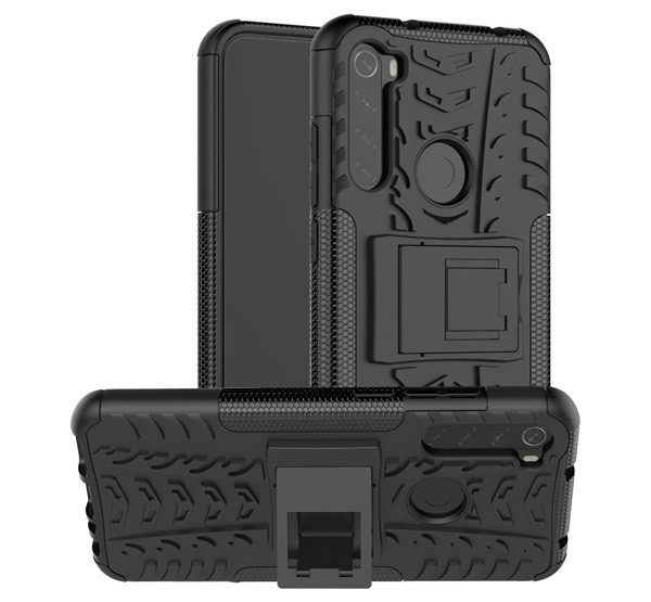 Defender műanyag telefonvédő (közepesen ütésálló, szilikon belső, kitámasztó, autógumi minta) FEKETE [Xiaomi Redmi Note 8T]