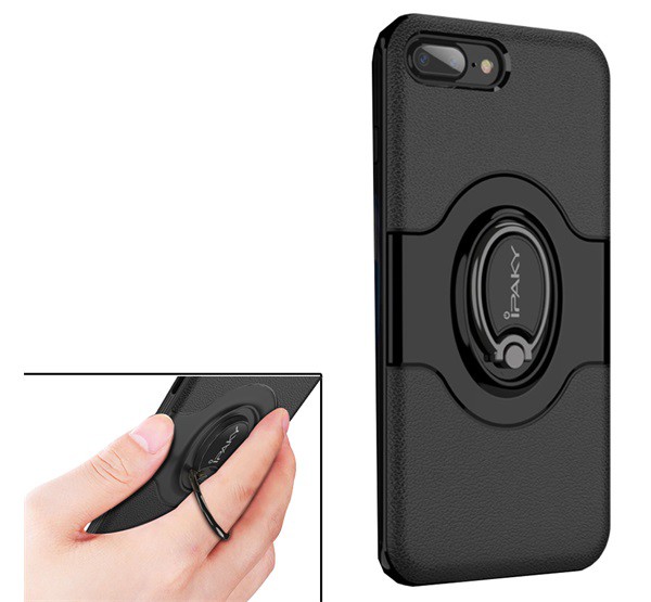 IPAKY műanyag telefonvédő (szilikon belső, mágneses telefontartó gyűrű, 360°-ban forgatható) FEKETE [Apple iPhone 8 Plus 5.5]