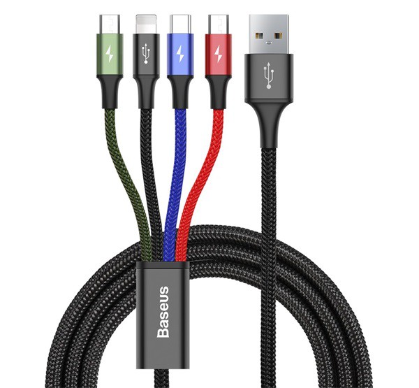 BASEUS töltőkábel 4in1 (USB - lightning 8pin / Type-C / 2 microUSB, gyorstöltés támogatás, 120cm) FEKETE (CA1T4-CO1)