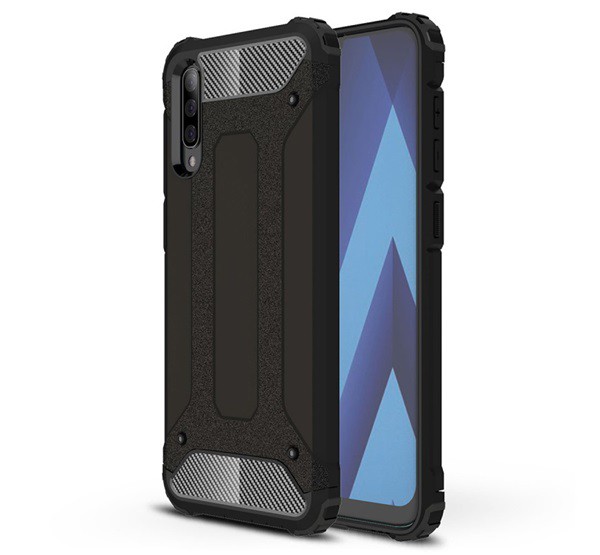 Defender műanyag telefonvédő (közepesen ütésálló, légpárnás sarok, szilikon belső, fémhatás) FEKETE [Samsung Galaxy A50s (SM-A507F)]