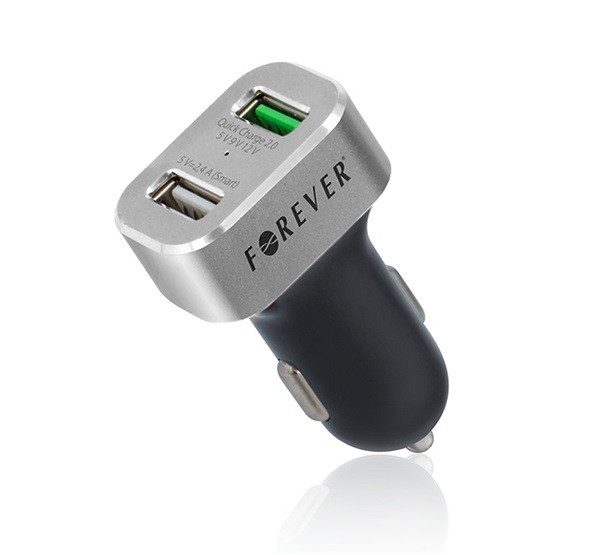 FOREVER autós töltő 2 USB aljzat (5V / 4800mA, PD gyorstöltés támogatás) FEKETE