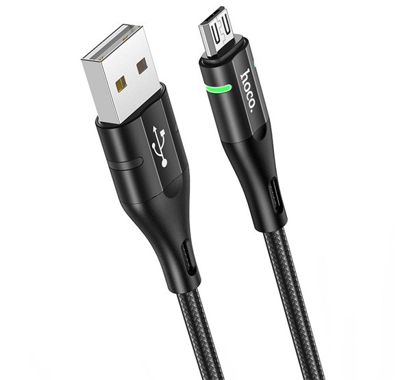 HOCO U93 adatkábel és töltő (USB - microUSB, 2.4A, 120cm, cipőfűző minta, LED jelzés) FEKETE (U93_MICROUSB_B)