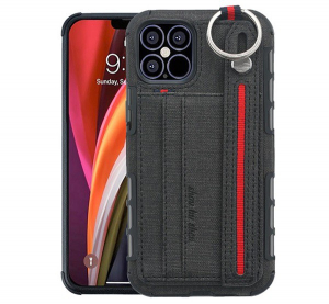 Szilikon telefonvédő (közepesen ütésálló, asztali tartó funkció, bankkártya tartó, textil hátlap + kézpánt) FEKETE [Apple iPhone 12 Pro]