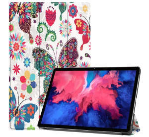 Tok álló, bőr hatású (aktív FLIP, oldalra nyíló, TRIFOLD asztali tartó funkció, színes pillangó minta) FEHÉR [Lenovo Tab P11 (TB-J606F)]