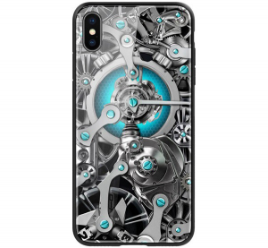 NILLKIN SPACETIME telefonvédő szilikon keret (BUMPER, közepesen ütésálló, edzett üveg hátlap, fogaskerék minta) FEKETE [Apple iPhone XS Max 6.5]