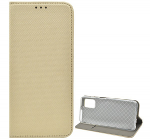 Tok &aacute;ll&oacute;, bőr hat&aacute;s&uacute; (FLIP, oldalra ny&iacute;l&oacute;, asztali tart&oacute; funkci&oacute;, rombusz minta) ARANY [Samsung Galaxy A03s (SM-A037F)]