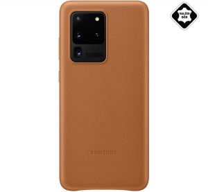 SAMSUNG műanyag telefonv&eacute;dő (val&oacute;di bőr h&aacute;tlap) BARNA [Samsung Galaxy S20 Ultra 5G (SM-G988B)]