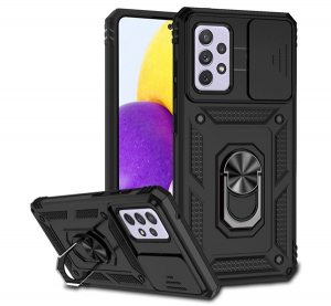 Defender műanyag telefonvédő (közepesen ütésálló, szilikon belső, telefontartó gyűrű, kamera védelem) FEKETE [Samsung Galaxy A52s 5G (SM-A528)]