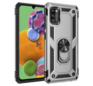 Defender műanyag telefonvédő (közepesen ütésálló, szilikon belső, telefontartó gyűrű, beépített fémlemez) EZÜST [Samsung Galaxy A41 (SM-A415F)]