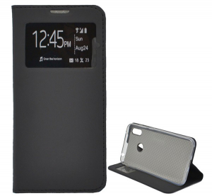 Tok álló, bőr hatású (FLIP, oldalra nyíló, hívókijelzés, asztali tartó funkció, View Window) FEKETE [Huawei Y7 2019 (Y7 Prime 2019)]