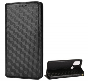 Tok álló, bőr hatású (FLIP, oldalra nyíló, asztali tartó funkció, teljes 3D rombusz minta, prémium) FEKETE [Motorola Moto G30 (XT2129)]