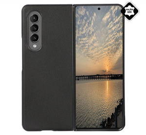 Műanyag telefonvédő (valódi bőr bevonat, közepesen ütésálló) FEKETE [Samsung Galaxy Z Fold3 5G (SM-F926)]
