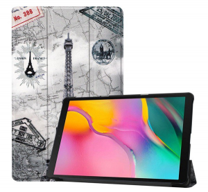 Tok álló, bőr hatású (FLIP, oldalra nyíló, TRIFOLD asztali tartó funkció, Eiffel torony, térkép minta) SZÜRKE [Samsung Galaxy Tab A 10.1 LTE (2019) SM