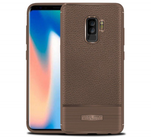 Szilikon telefonvédő (közepesen ütésálló, bőr hatású, szálcsiszolt) BARNA [Samsung Galaxy S9 Plus (SM-G965)]