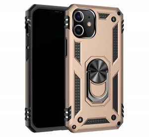 Defender műanyag telefonvédő (közepesen ütésálló, szilikon belső, telefontartó gyűrű, beépített fémlemez) ARANY [Apple iPhone 12 Pro]
