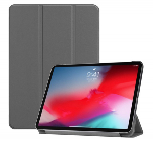 Tok álló, bőr hatású (aktív FLIP, oldalra nyíló, TRIFOLD asztali tartó funkció) SZÜRKE [Apple IPAD Pro 11 (2018)]