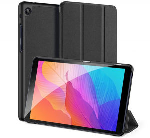 DUX DUCIS DOMO tok álló, bőr hatású (aktív FLIP, oldalra nyíló, TRIFOLD asztali tartó funkció, textil minta) FEKETE [Huawei MatePad T8 WIFI]