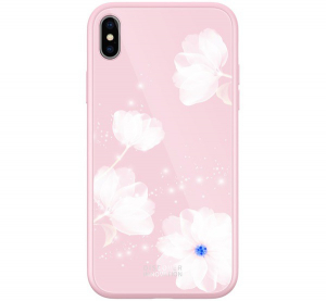 NILLKIN TEMPERED PLAID telefonvédő szilikon keret (BUMPER, edzett üveg hátlap, virág minta) RÓZSASZÍN [Apple iPhone XS 5.8]