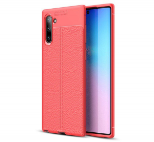 Szilikon telefonvédő (közepesen ütésálló, bőr hatású, varrás minta) PIROS [Samsung Galaxy Note 10 (SM-N970F)]