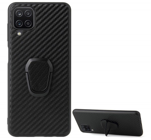Szilikon telefonvédő (közepesen ütésálló, bőr hatású hátlap, kitámasztó, karbon minta) FEKETE [Samsung Galaxy A12 (SM-A125F / SM-A127F)]