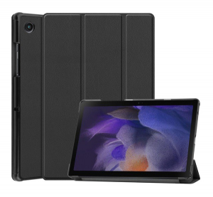 Tok álló, bőr hatású (aktív FLIP, oldalra nyíló, TRIFOLD asztali tartó funkció) FEKETE [Samsung Galaxy Tab A8 10.5 LTE (2021) SM-X205]