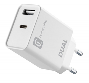 CELLULARLINE hálózati töltő USB aljzat / Type-C aljzat (5V / 3000 mA, 20W, PD gyorstöltés támogatás) FEHÉR (ACHIPHUSB2PD20WW)