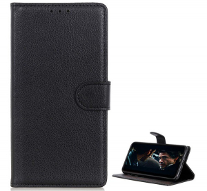 Tok álló, bőr hatású (FLIP, oldalra nyíló, asztali tartó funkció, prémium) FEKETE [Samsung Galaxy A51 (SM-A515F)]