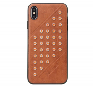 FIERRE SHANN műanyag telefonvédő (bőr hatású hátlap, szegecses) BARNA [Apple iPhone XS Max 6.5]