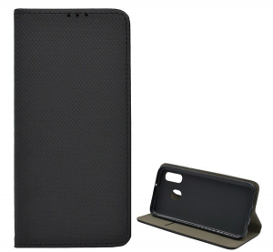 Tok &aacute;ll&oacute;, bőr hat&aacute;s&uacute; (FLIP, oldalra ny&iacute;l&oacute;, asztali tart&oacute; funkci&oacute;, rombusz minta) FEKETE [Samsung Galaxy A40 (SM-A405F)]