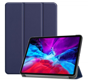 Tok álló, bőr hatású (aktív FLIP, oldalra nyíló, TRIFOLD asztali tartó funkció) SÖTÉTKÉK [Apple IPAD Pro 12.9 (2020)]