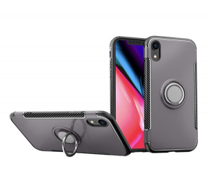 Műanyag telefonv&eacute;dő (szilikon keret, asztali tart&oacute; funkci&oacute;, telefontart&oacute; gyűrű, be&eacute;p&iacute;tett f&eacute;mlemez, karbon minta) SZ&Uuml;RKE [Apple iPhone XR 6.1]