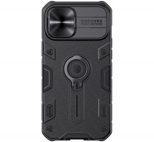 NILLKIN CAMSHIELD ARMOR defender műanyag telefonvédő (szilikon belső, közepesen ütésálló, telefontartó gyűrű) FEKETE [Apple iPhone 12 Pro Max]