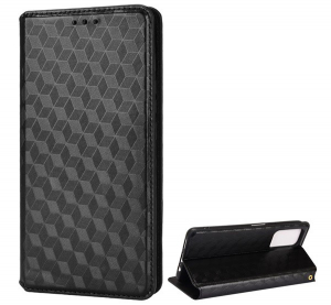 Tok &aacute;ll&oacute;, bőr hat&aacute;s&uacute; (FLIP, oldalra ny&iacute;l&oacute;, asztali tart&oacute; funkci&oacute;, teljes 3D rombusz minta, pr&eacute;mium) FEKETE [Xiaomi Poco M4 Pro 5G]