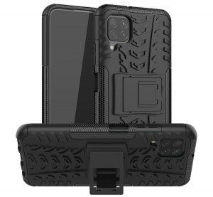 Defender műanyag telefonvédő (közepesen ütésálló, szilikon belső, kitámasztó, autógumi minta) FEKETE [Huawei P40 Lite 4G / Nova 6 SE]