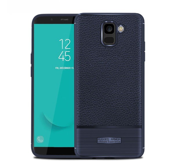 Szilikon telefonvédő (közepesen ütésálló, bőr hatású, szálcsiszolt) SÖTÉTKÉK [Samsung Galaxy J6 (2018) SM-J600F]