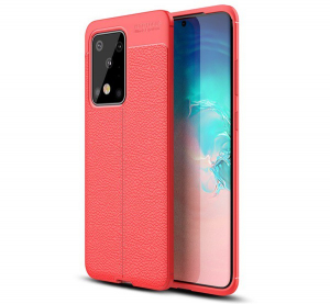 Szilikon telefonv&eacute;dő (k&ouml;zepesen &uuml;t&eacute;s&aacute;ll&oacute;, bőr hat&aacute;s&uacute;, varr&aacute;s minta) PIROS [Samsung Galaxy S20 Ultra 5G (SM-G988B)]