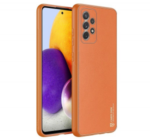 DUX DUCIS YOLO műanyag telefonvédő (szilikon keret, közepesen ütésálló, fémhatású keret, bőr hatású hátlap) NARANCSSÁRGA [Samsung Galaxy A72 5G (SM-A7