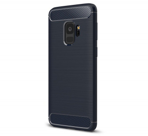 Szilikon telefonvédő (közepesen ütésálló, légpárnás sarok, szálcsiszolt, karbon minta) SÖTÉTKÉK [Samsung Galaxy S9 (SM-G960)]
