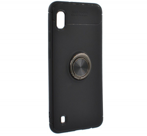 Szilikon telefonvédő (asztali tartó funkció, telefontartó gyűrű, 360°-ban forgatható, beépített fémlemez) FEKETE [Samsung Galaxy A10 (SM-A105F)]