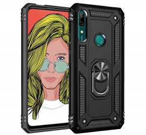 Defender műanyag telefonv&eacute;dő (k&ouml;zepesen &uuml;t&eacute;s&aacute;ll&oacute;, szilikon belső, telefontart&oacute; gyűrű, be&eacute;p&iacute;tett f&eacute;mlemez) FEKETE [Huawei P Smart Z (Y9 Prime 2019)]