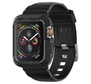 SPIGEN RUGGED ARMOR PRO p&oacute;tsz&iacute;j (egyedi m&eacute;ret, szilikon, k&ouml;zepesen &uuml;t&eacute;s&aacute;ll&oacute;, &aacute;ll&iacute;that&oacute; + szilikon keret) FEKETE [Apple Watch Series SE 44mm]