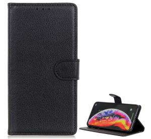 Tok álló, bőr hatású (FLIP, oldalra nyíló, asztali tartó funkció, prémium) FEKETE [Samsung Galaxy A40 (SM-A405F)]