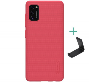 NILLKIN SUPER FROSTED műanyag telefonv&eacute;dő (gum&iacute;rozott, &eacute;rdes fel&uuml;let + asztali tart&oacute;) PIROS [Samsung Galaxy A41 (SM-A415F)]