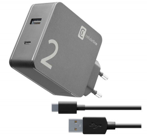 CELLULARLINE hálózati töltő USB / Type-C aljzat (5V / 2000 mAh, 48W, QC gyorstöltés támogatás + Type-C kábel) FEKETE (ACHUSB2KITHOME48WK)