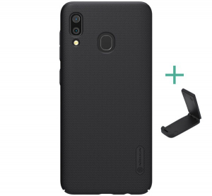 NILLKIN SUPER FROSTED műanyag telefonv&eacute;dő (gum&iacute;rozott, &eacute;rdes fel&uuml;let + asztali tart&oacute;) FEKETE [Samsung Galaxy A30 (SM-A305F)]