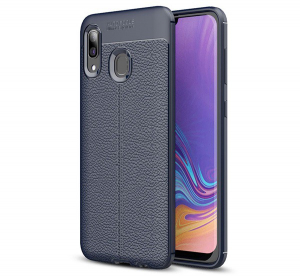 Szilikon telefonvédő (közepesen ütésálló, bőr hatású, varrás minta) SÖTÉTKÉK [Samsung Galaxy A40 (SM-A405F)]